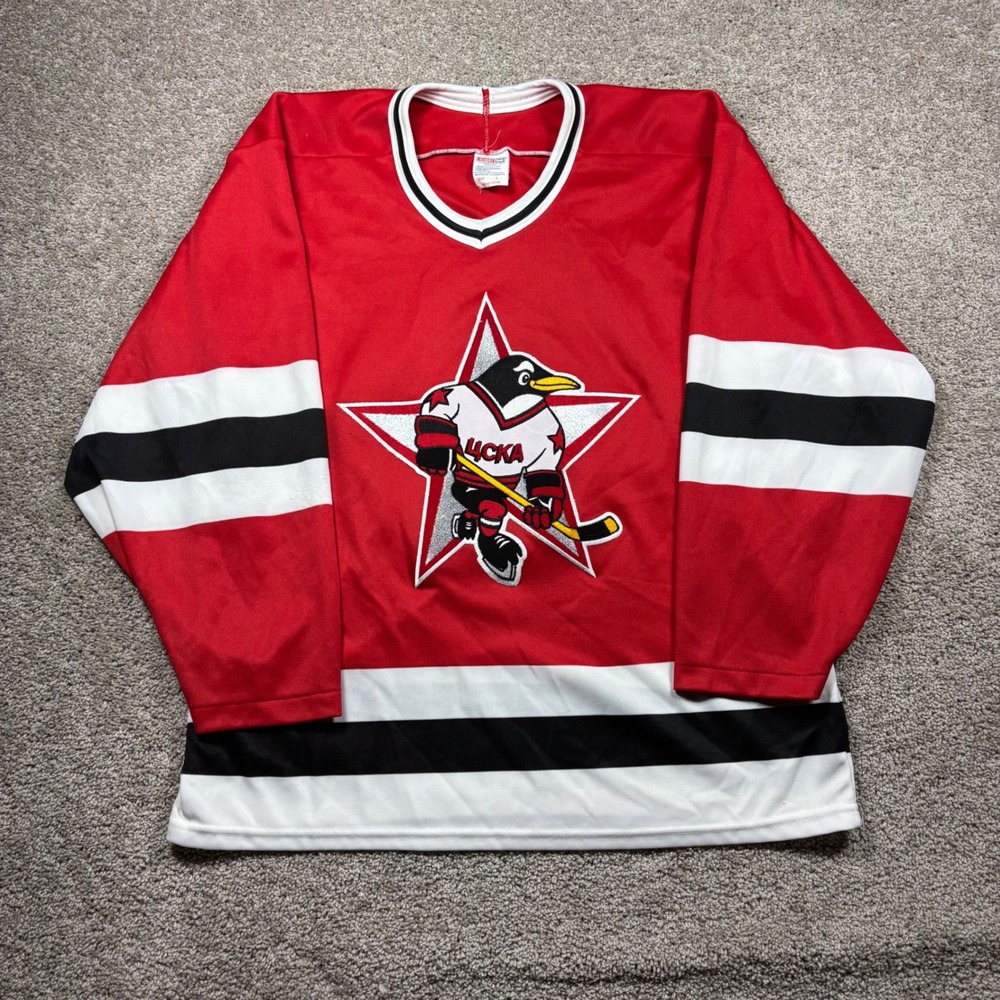Vintage CCM Maska CSKA Moscow Russian Penguins Hockey Jersey Red Mens Large USA